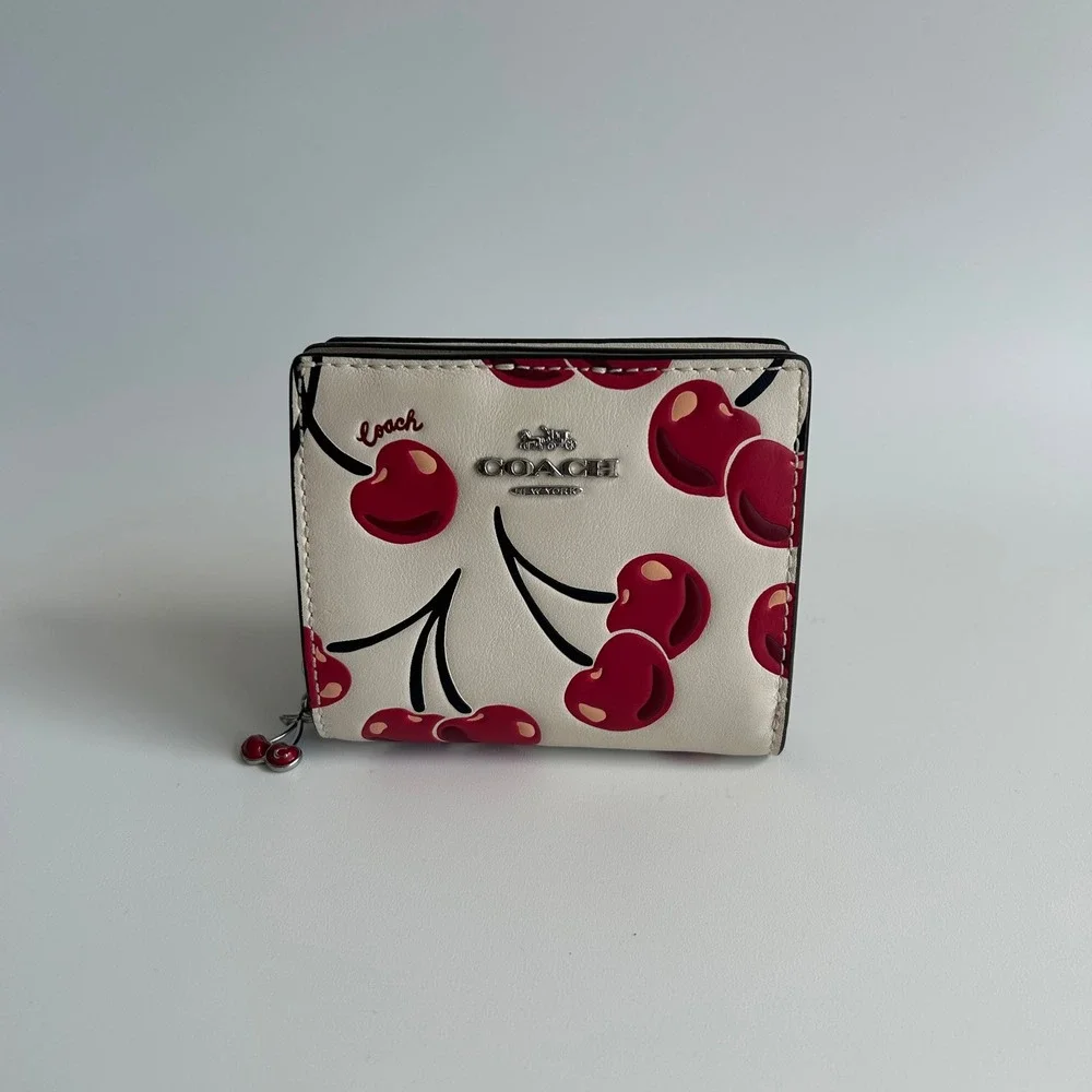 Coach Snap Wallet With Cherry Print Chalk Multi Coated Canvas Bifold CA059